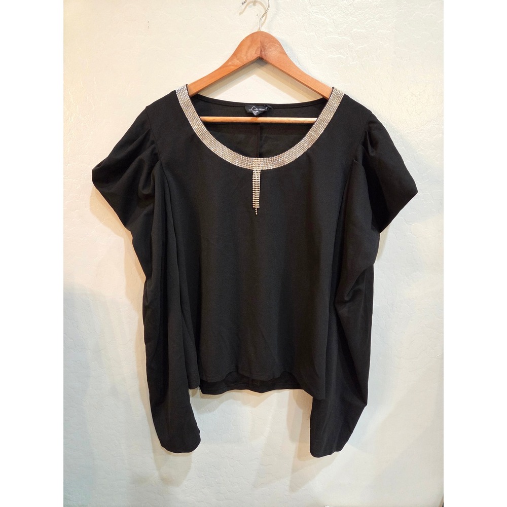 Love University Black Rhinestone Neckline Puff Shoulder Draped Sleeve Top 3XL